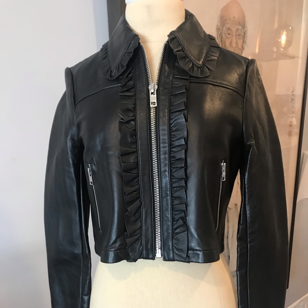 Maje Cropped Leather Jacket with Ruffle Details